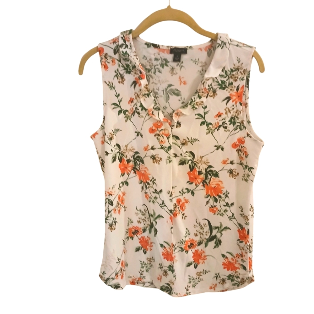 Ann Taylor Factory Women's Sleeveless Floral Top With Ruffle V Neck Size M